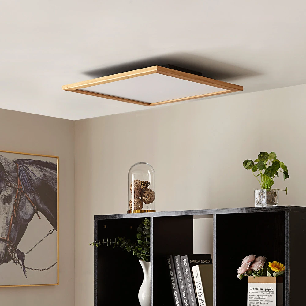 Lucande Plafonnier LED Joren, 52 cm, bois, CCT, télécommande