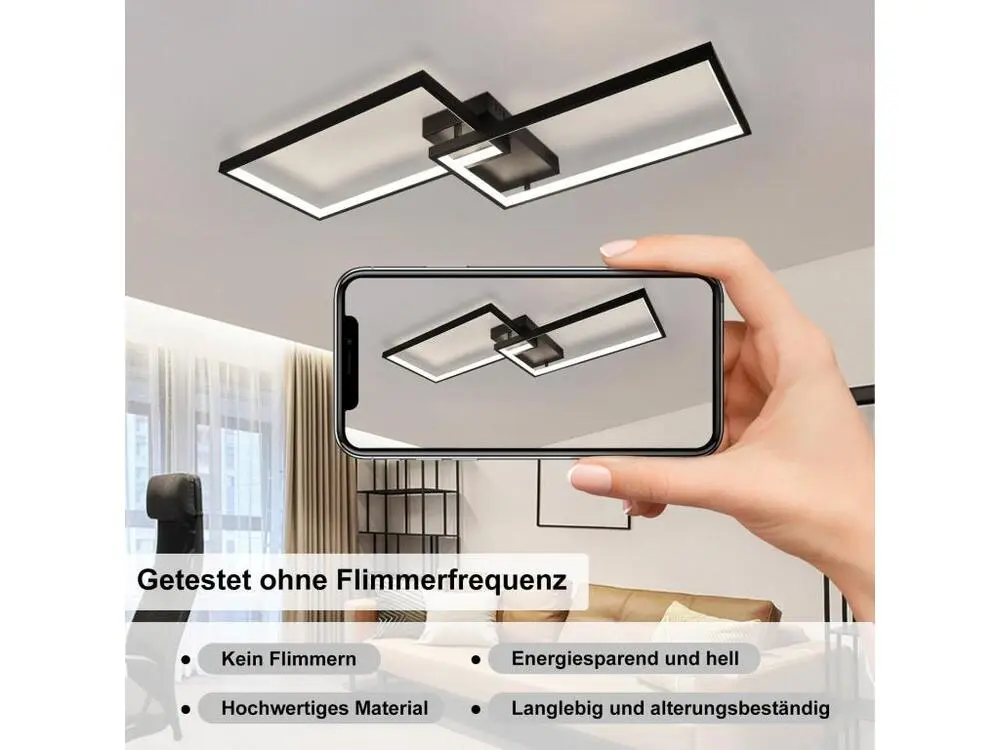 NETTLIFE Plafonnier LED Noir 80 cm Salon Actuel Dimmable avec Télécommande 48W Rectangle Design Métal pour Chambre Chambre...