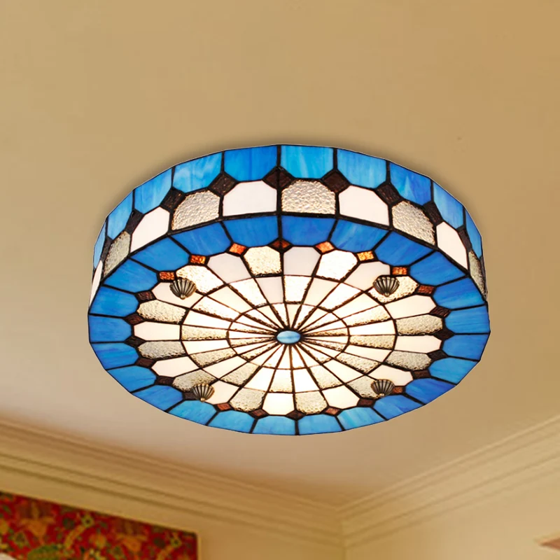Plafonnier rond de 16 "/ 23,5" W, style Tiffany, vitrail, 3/4 lumières, plafonnier en bleu pour le salon