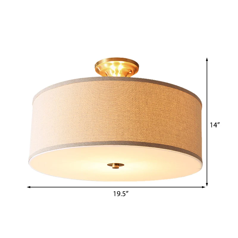 Semi-plafonnier tambour pour salon, tissu typique, 4 lumières, éclairage de plafond blanc, 16"/19,5" de large