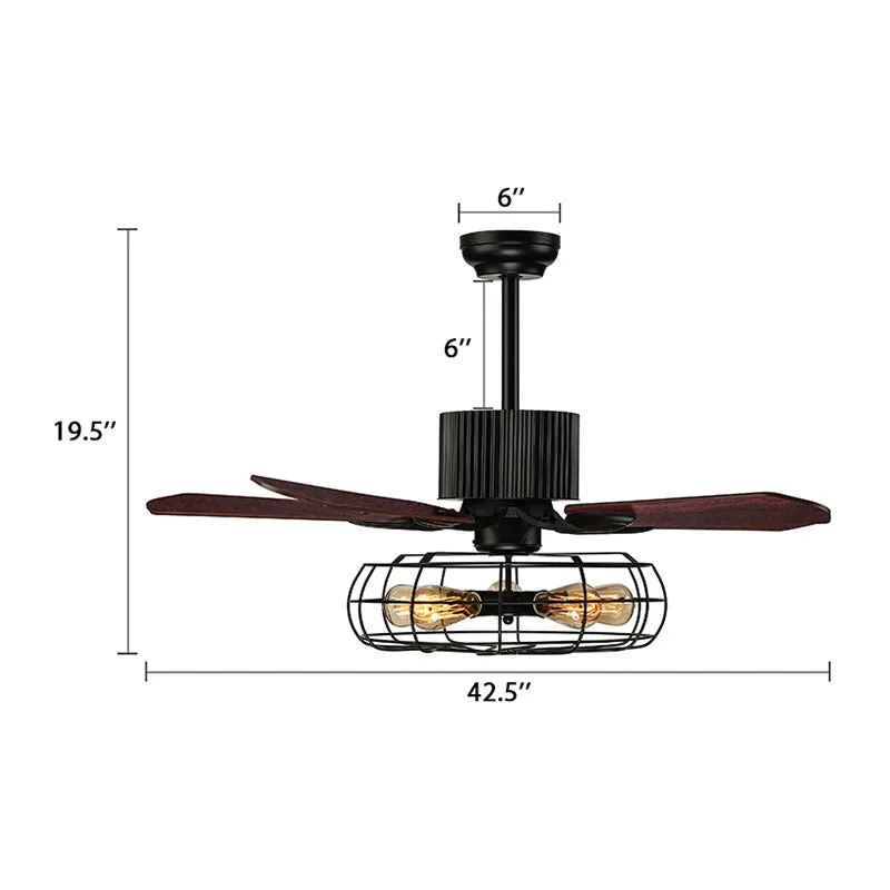 Ventilateur de plafond d'intérieur en cage avec 5 pales en métal rustique d'époque semi-encastré en noir