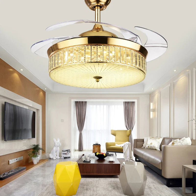 Ventilateur de plafond à tambour, luminaire moderne à LED en cristal doré avec 4 pales, 36/42 pouces de ample