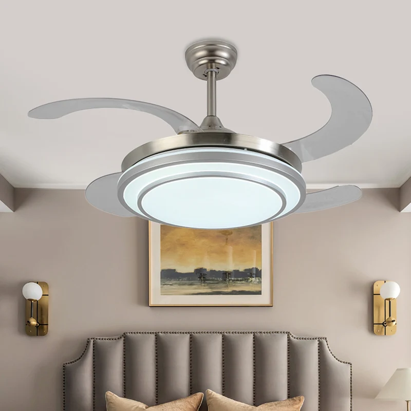 Ventilateur suspendu en forme de cercle en nickel de 36 po de largeur, éclairage tendance à LED en métal pour chambre à co...