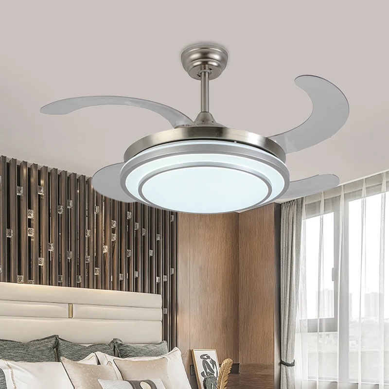 Ventilateur suspendu en forme de cercle en nickel de 36 po de largeur, éclairage tendance à LED en métal pour chambre à co...