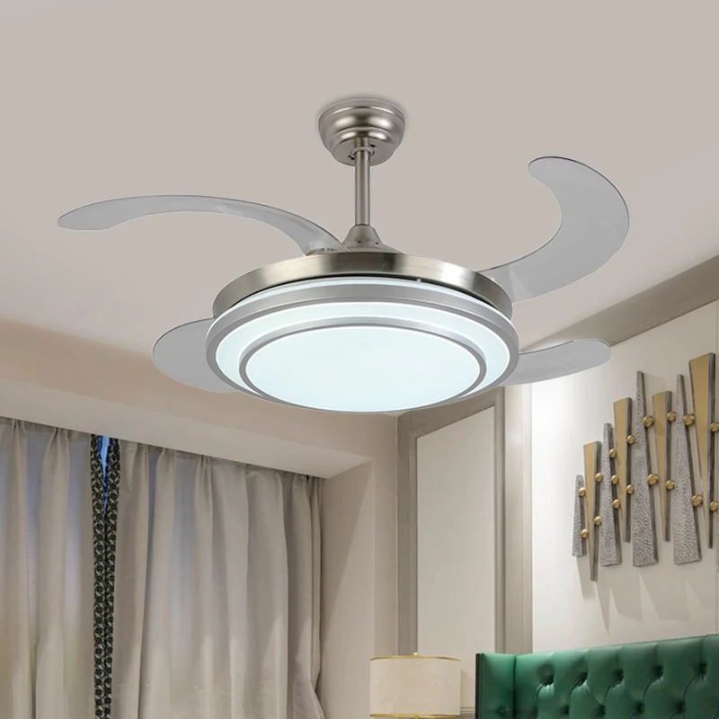 Ventilateur suspendu en forme de cercle en nickel de 36 po de largeur, éclairage tendance à LED en métal pour chambre à co...