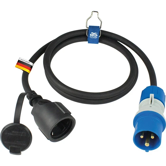 Câble adaptateur CEE Schwabe 3 pôles vers Schuko 230 V IP44 1,5 m section 2,5 mm²