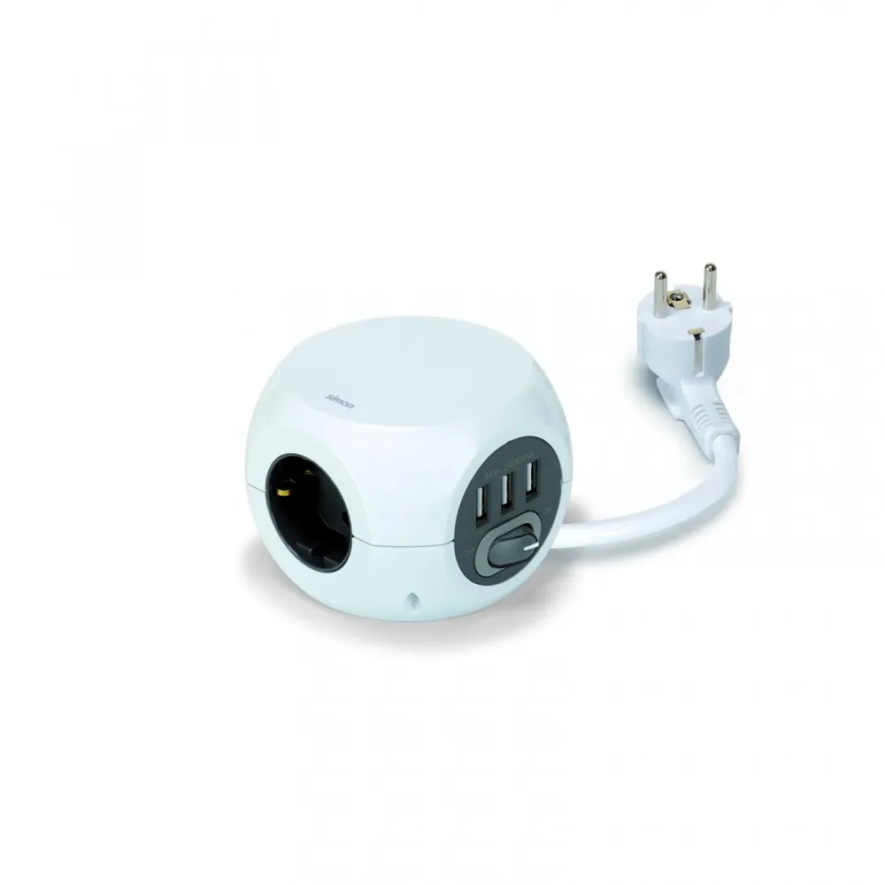 Multiprise Combiball avec 3 prises Schuko Type F et 3 USB-, câble 1.4m section 2,5 mm²