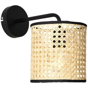 Applique cannage style ethnique - Fer et rotin - H. 25 cm - Noir et Naturel - NEIROBI avec ampoule LED incluse