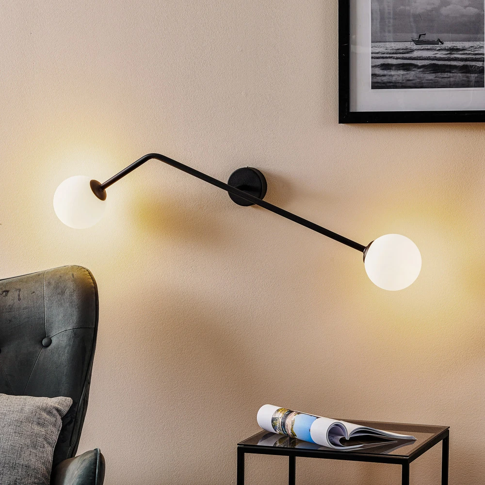 Applique Intègre, 2 lampes, noire, horizontale en verre opalin