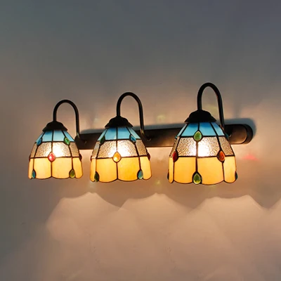 Applique murale en forme de dôme à 3 têtes, luminaire Tiffany Beige/bleu/verre cristallin avec décoration en Agate