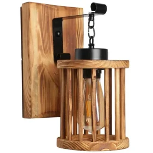 Applique Murale Interieur, En Bois Et Métal, Luminaire Classique Industriel , Marron 15x26x28 Cm avec interrupteur intégré