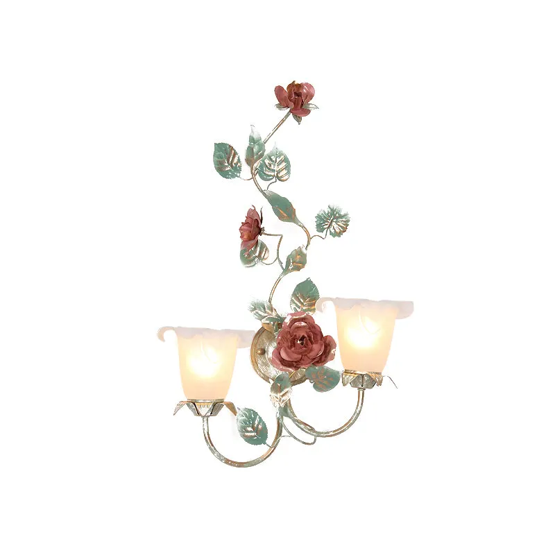 Applique murale évasée pour chambre à coucher, applique de campagne en verre blanc opale, 1/2 têtes, fleur verte, luminair...