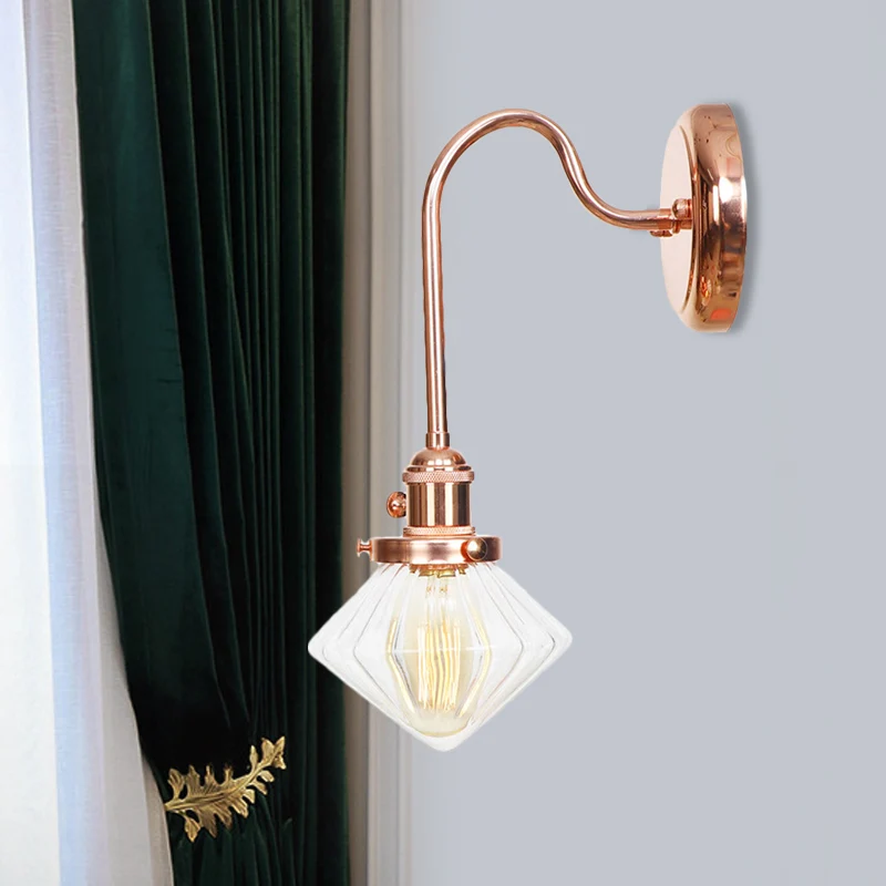 Certifié CE Applique en cuivre et verre transparent/ambre, diamant, 1 lumière, luminaire mural de stable pour chambre à co...