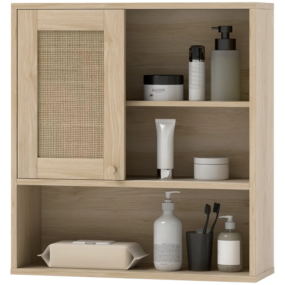 Armoire murale, meuble haut salle de bain avec porte coulissante en rotin et étagères ouvertes, meuble de salle de bain st...