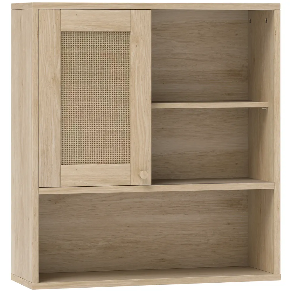 Armoire murale, meuble haut salle de bain avec porte coulissante en rotin et étagères ouvertes, meuble de salle de bain st...