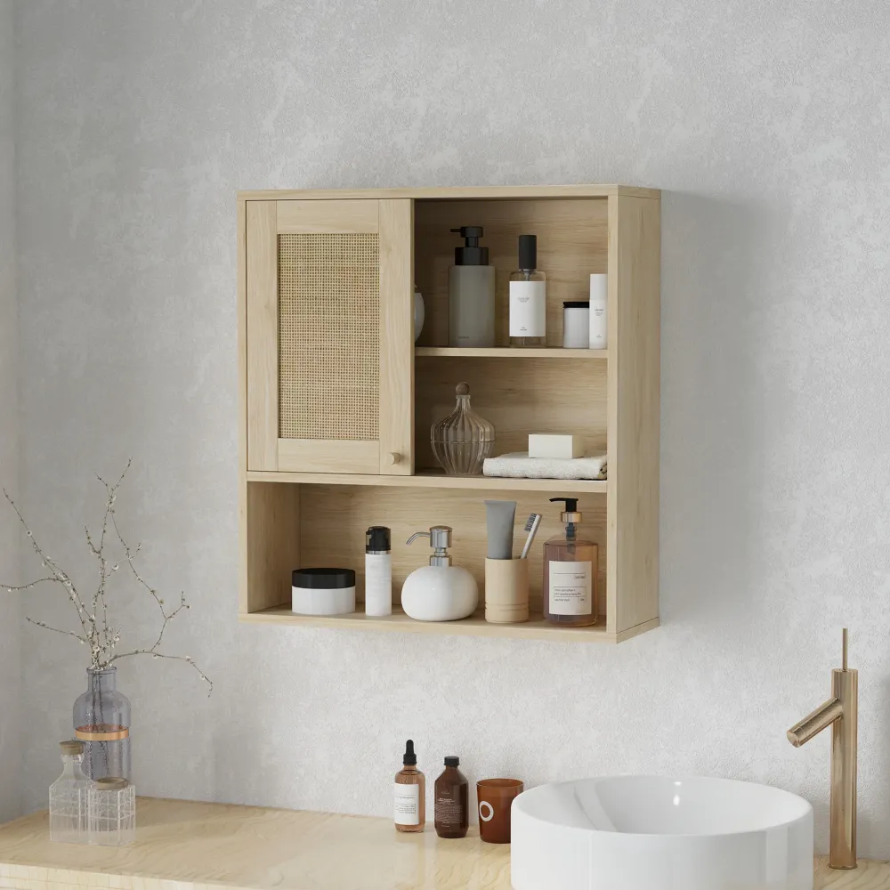 Armoire murale, meuble haut salle de bain avec porte coulissante en rotin et étagères ouvertes, meuble de salle de bain st...