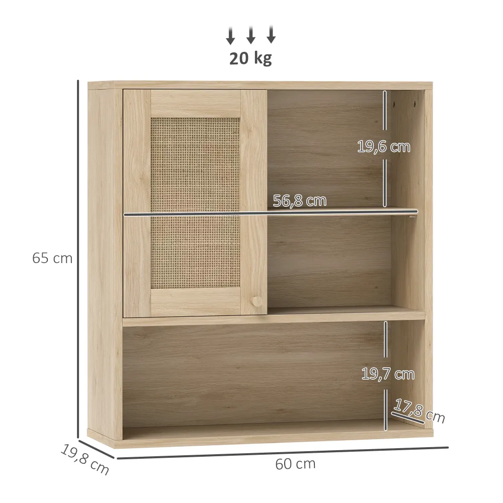 Armoire murale, meuble haut salle de bain avec porte coulissante en rotin et étagères ouvertes, meuble de salle de bain st...