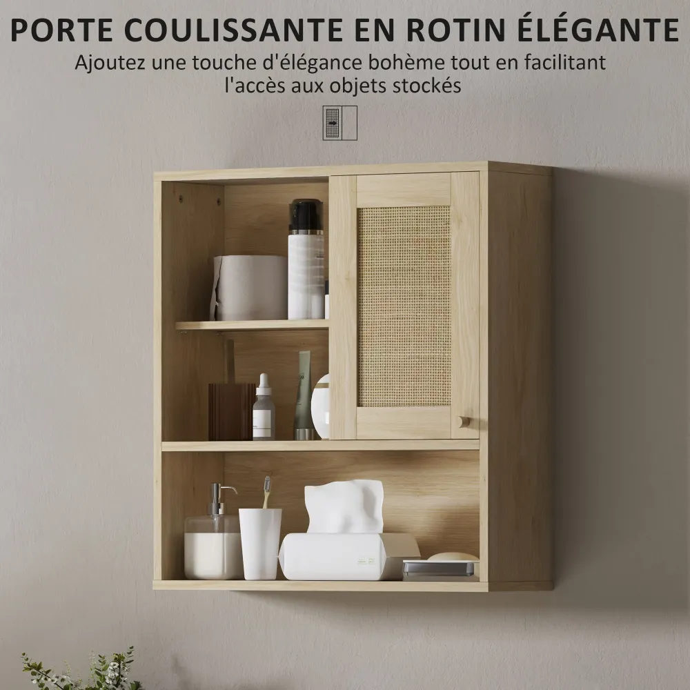Armoire murale, meuble haut salle de bain avec porte coulissante en rotin et étagères ouvertes, meuble de salle de bain st...