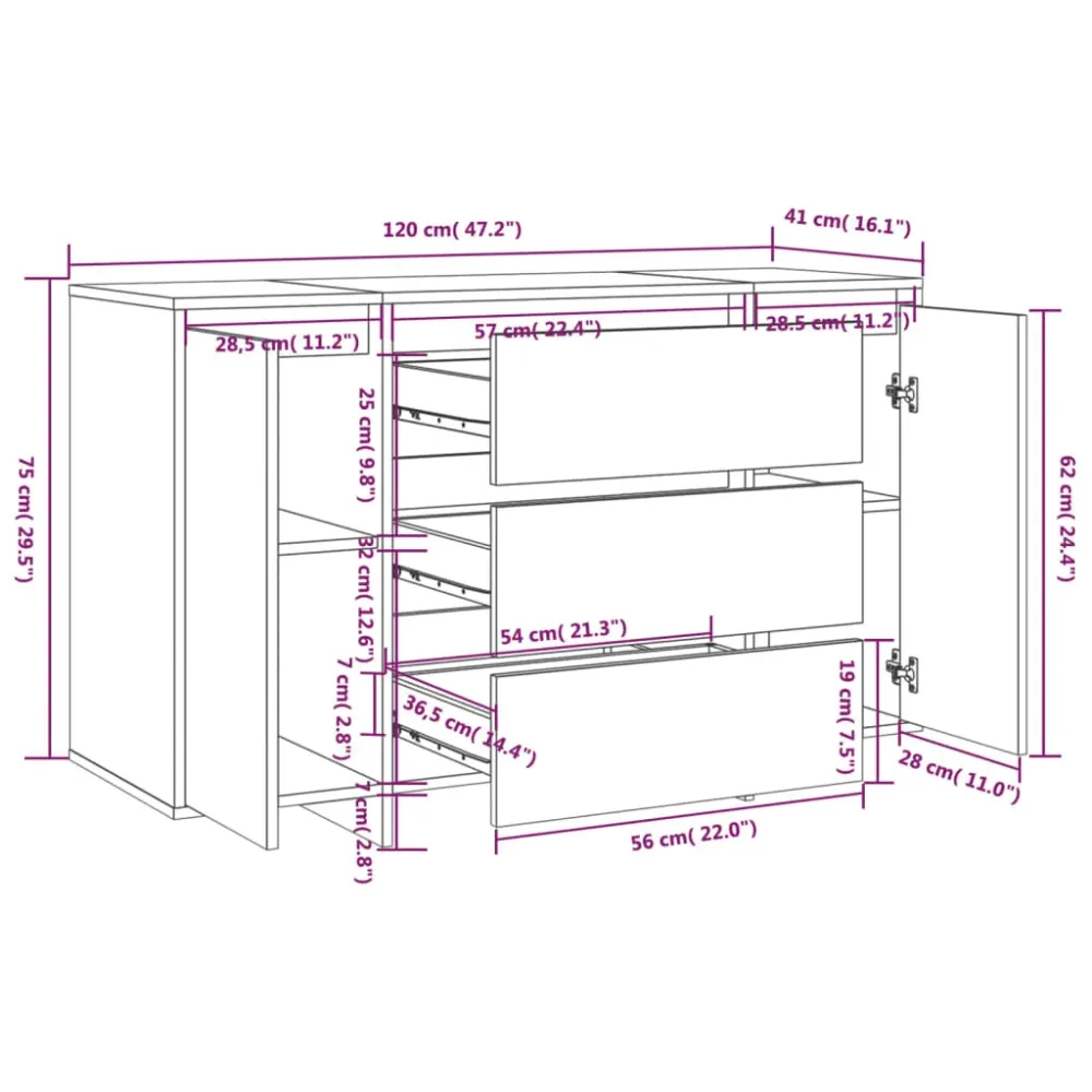Buffet bahut commode armoire meuble de rangement organisateur cuisine salle de séjour salon avec 3 tiroirs 120 x 41 x 75 c...