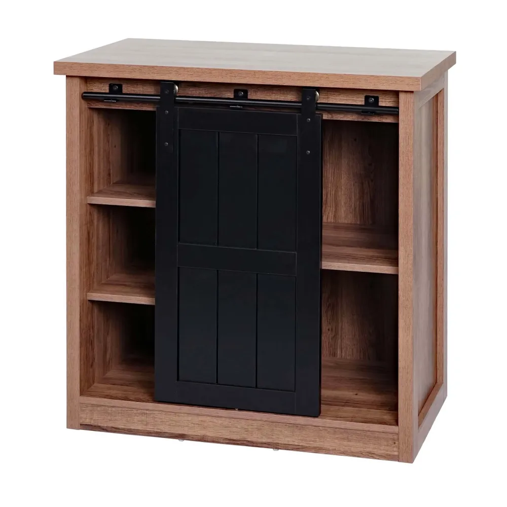 Commode avec porte coulissante et 5 compartiments aspect bois métal industriel 84x80x40 cm marron 04_0006501