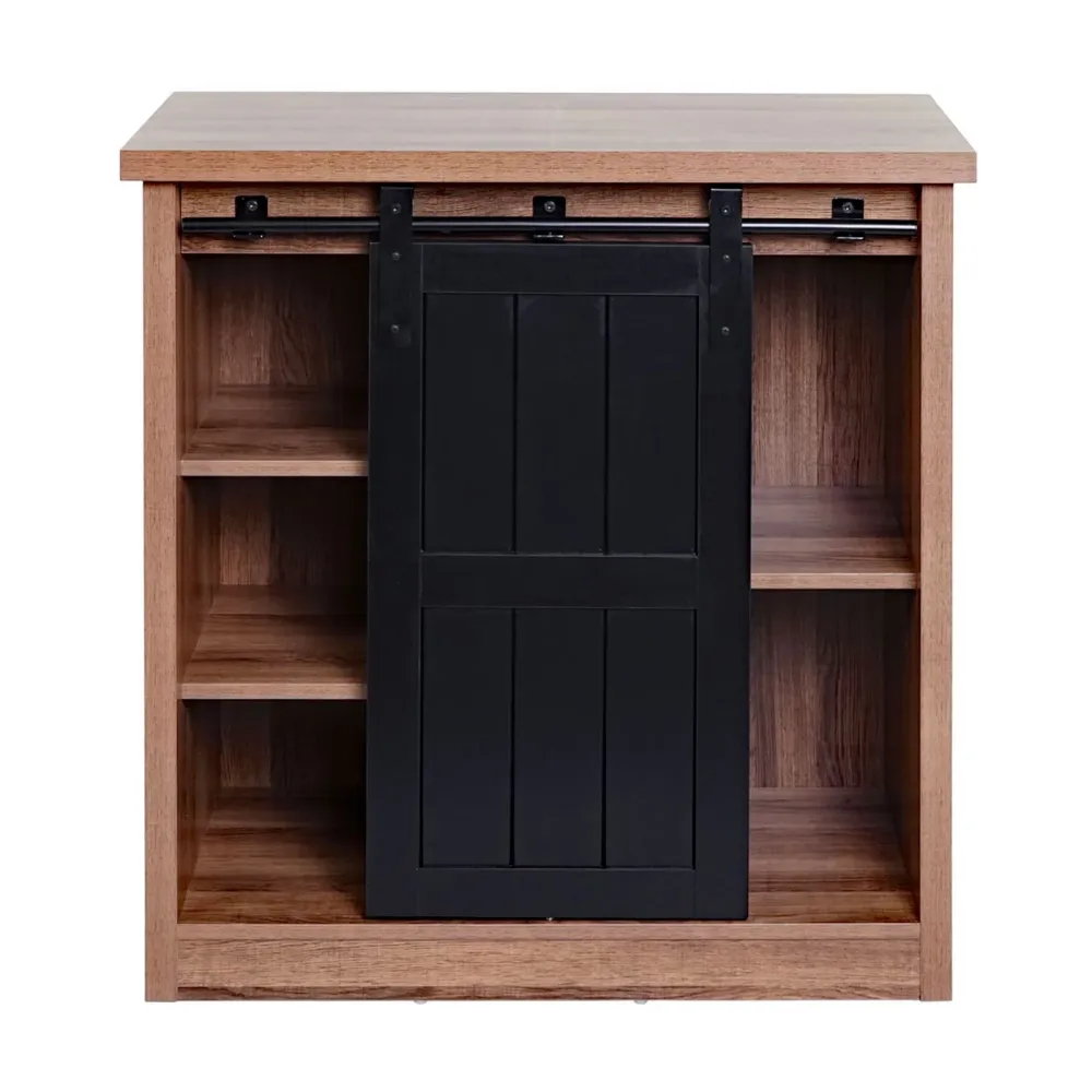 Commode avec porte coulissante et 5 compartiments aspect bois métal industriel 84x80x40 cm marron 04_0006501