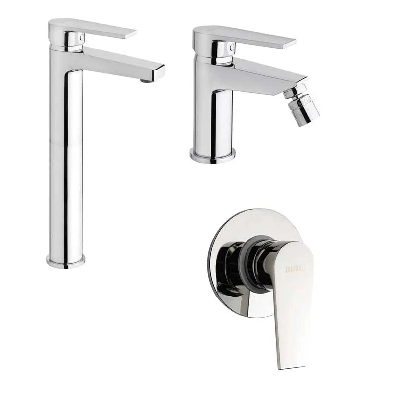 Ensemble de robinets de salle de bain Lavabo Haut et Bidet avec vidage et Douche encastrée finition chromée collection LOG...