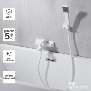 Mitigeur de Baignoire et Douche anti-calcaire Blanc Mat IMEX Sanizéo ART BDAR025-4BL