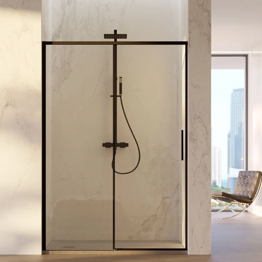Porte de douche coulissante pour niche de 130 cm en verre de 6 mm avec profilé aluminium noir version gauche