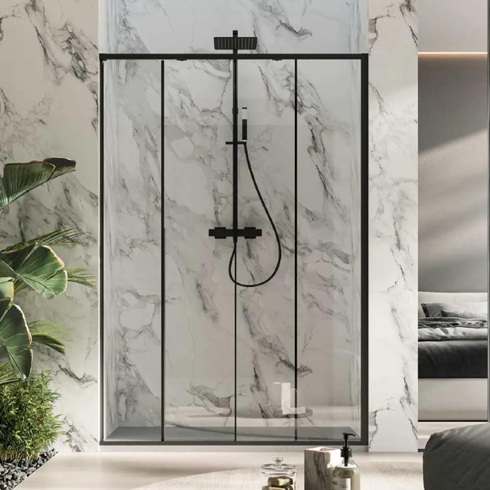 Porte de douche coulissante Prestige 100 cm en verre de 6 mm et profil minimal en aluminium couleur Noir Mat. Version Droite