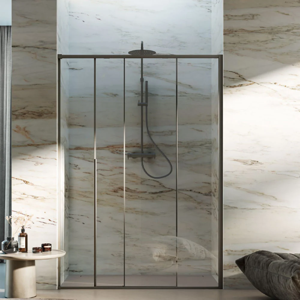 Porte de douche coulissante Prestige 140 cm en verre de 6 mm et profil minimal en aluminium couleur Taupe. Version droite