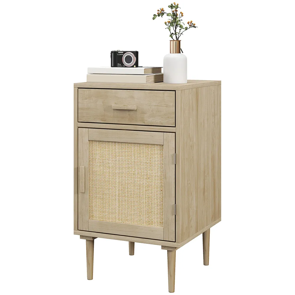Table de chevet table d'appoint avec placard et étagère porte rotin tissé + 1 tiroir design bohème - 40 x 40 x 68,5 cm nat...