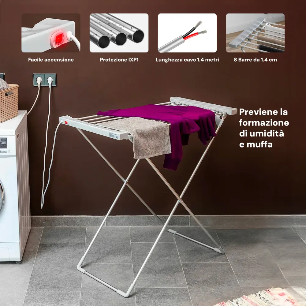 Stendibiancheria Riscaldato Alluminio – 8 Barre e Design Pieghevole Résistant à la rouille