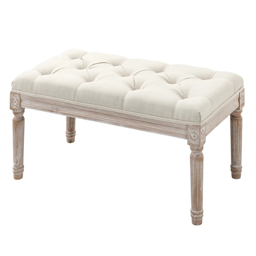 Banc Banquette typique capitonné 80cm bout de lit Rembourrée en lin - bois d'hévé sculpté, patiné - beige Diamètre 3/4"
