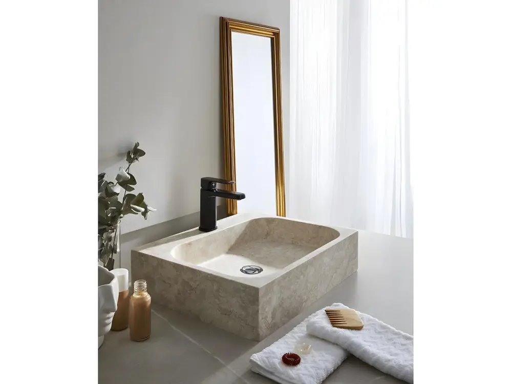Crémaillère Vasque à poser / lavabo en marbre coloris crème - Longueur 52 x Hauteur 13 x Profondeur 42 cm