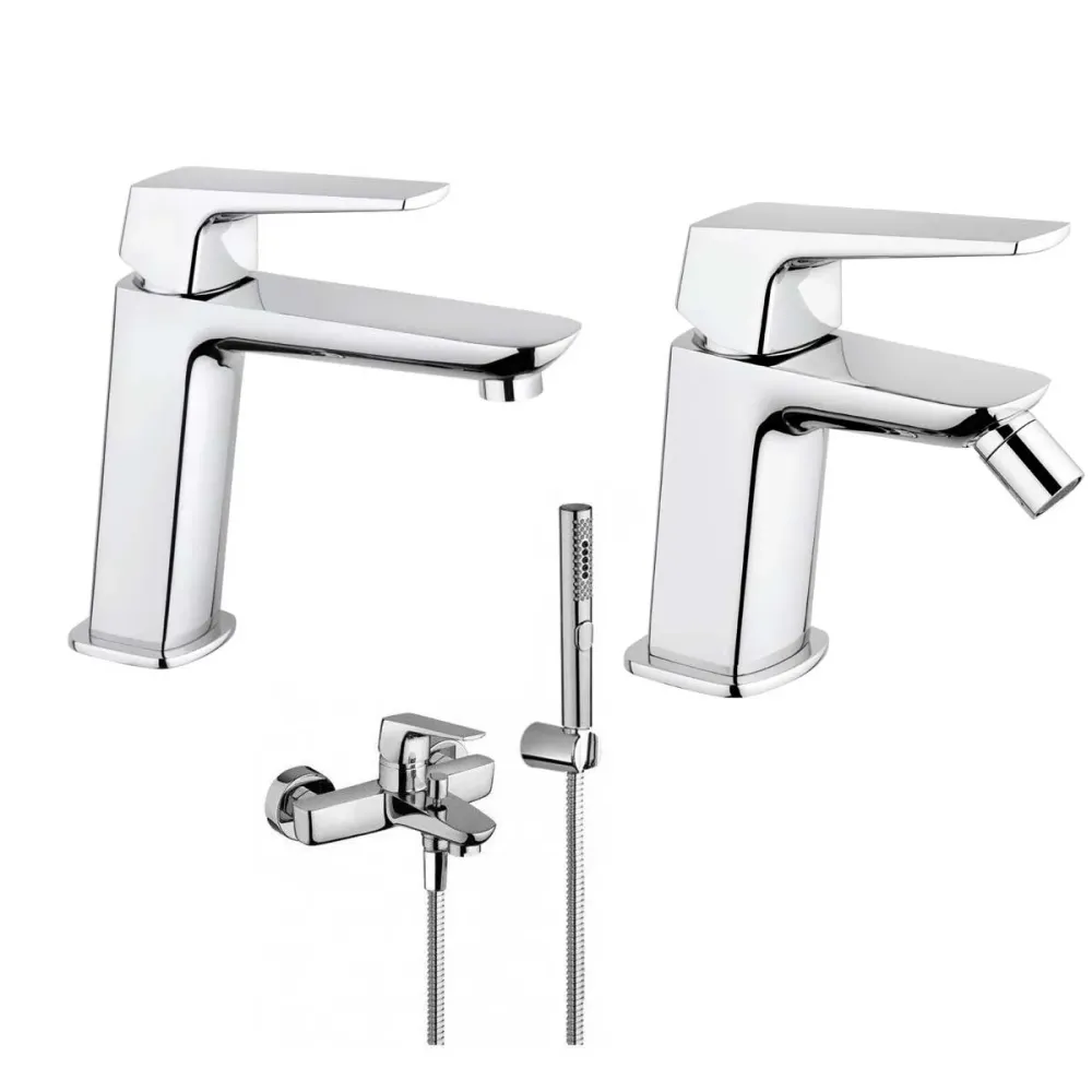 Ensemble de mélangeurs baignoire avec douchette, lavabo et bidet avec vidage finition chromée collection Spartaco de Mamol...
