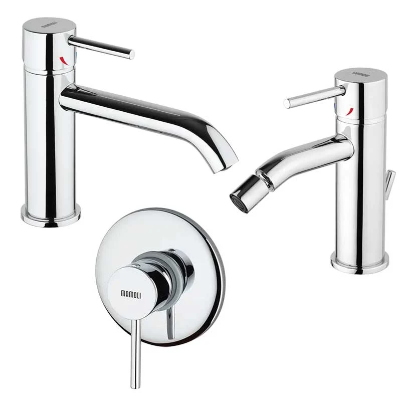 Ensemble de robinets de douche, lavabo à bec vaste et bidet avec vidage en laiton chromé collection Pico de Mamoli Rubinet...