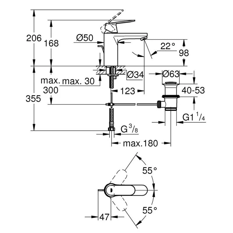 Mitigeur lavabo EUROSMART GROHE 23325000 - taille M - bec droit - avec vidage - acier chromé