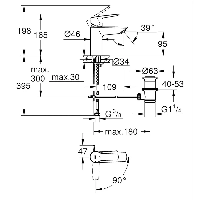 Mitigeur lavabo START GROHE 31137002 QuickFix - bec droit - taille S - chromé
