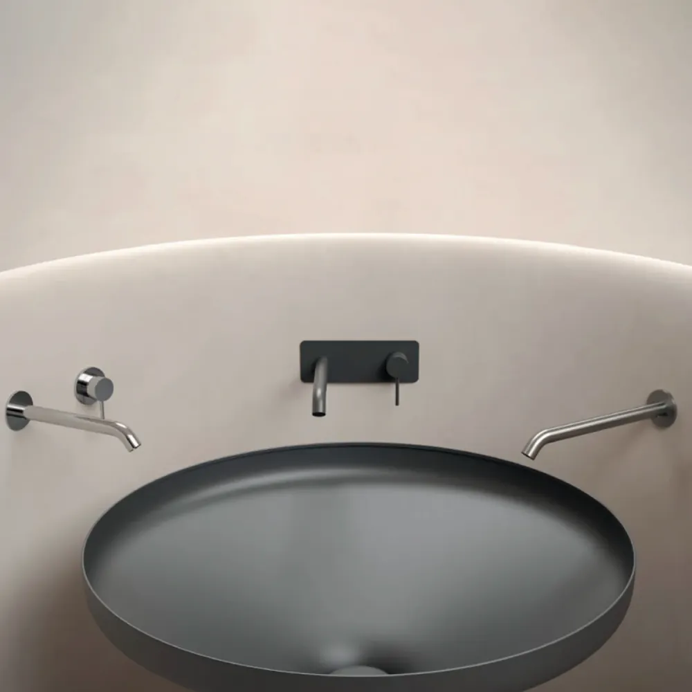 Mitigeur monocommande lavabo mural avec plaque RubiFlux série Regal bec 20 cm - Acier chromé brossé