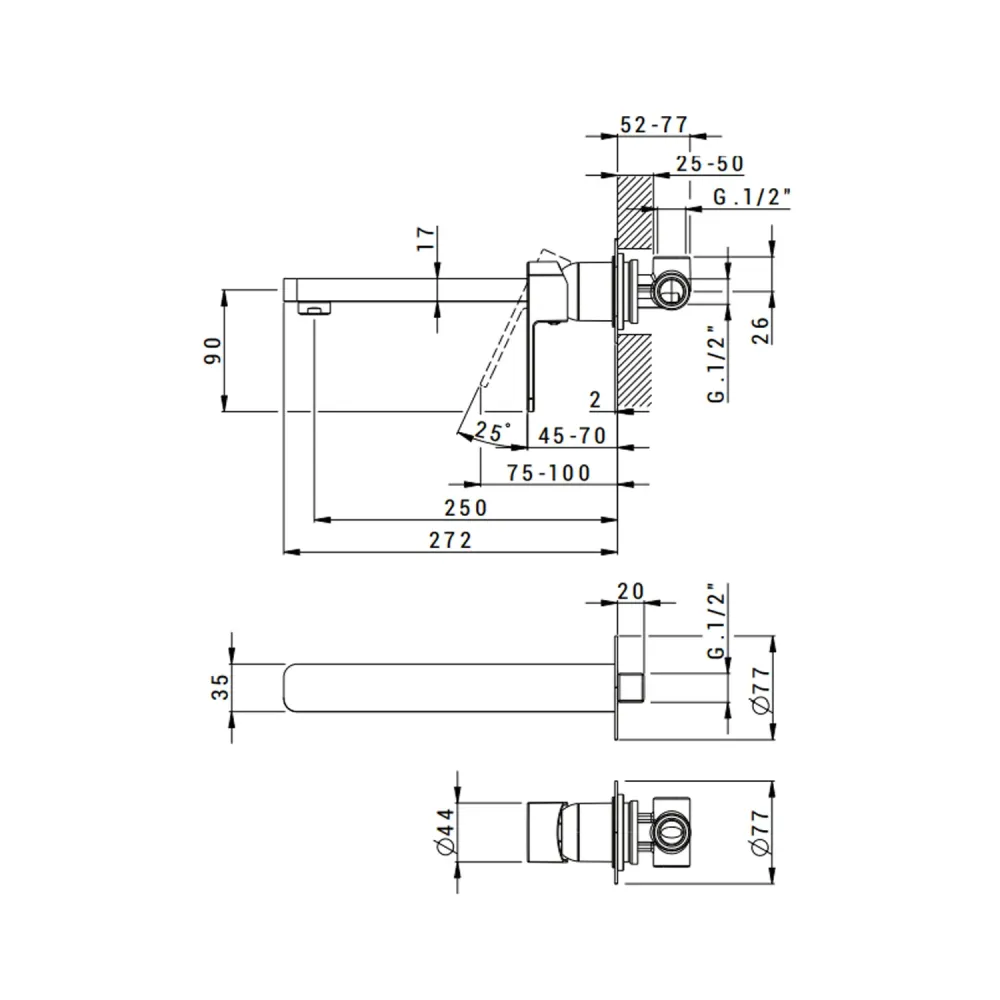 Mitigeur monocommande lavabo mural RubiFlux série Dema bec 25 cm - Chromé