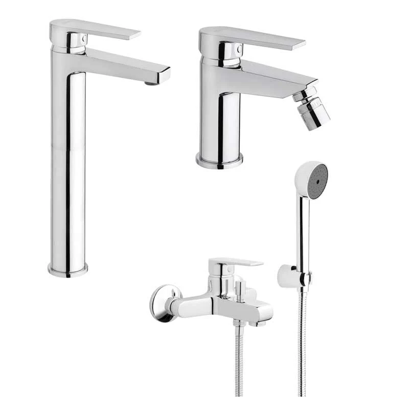 Ensemble de robinets de salle de bain Lavabo Haut et Bidet avec vidage et Baignoire avec douchette finition chromée collec...