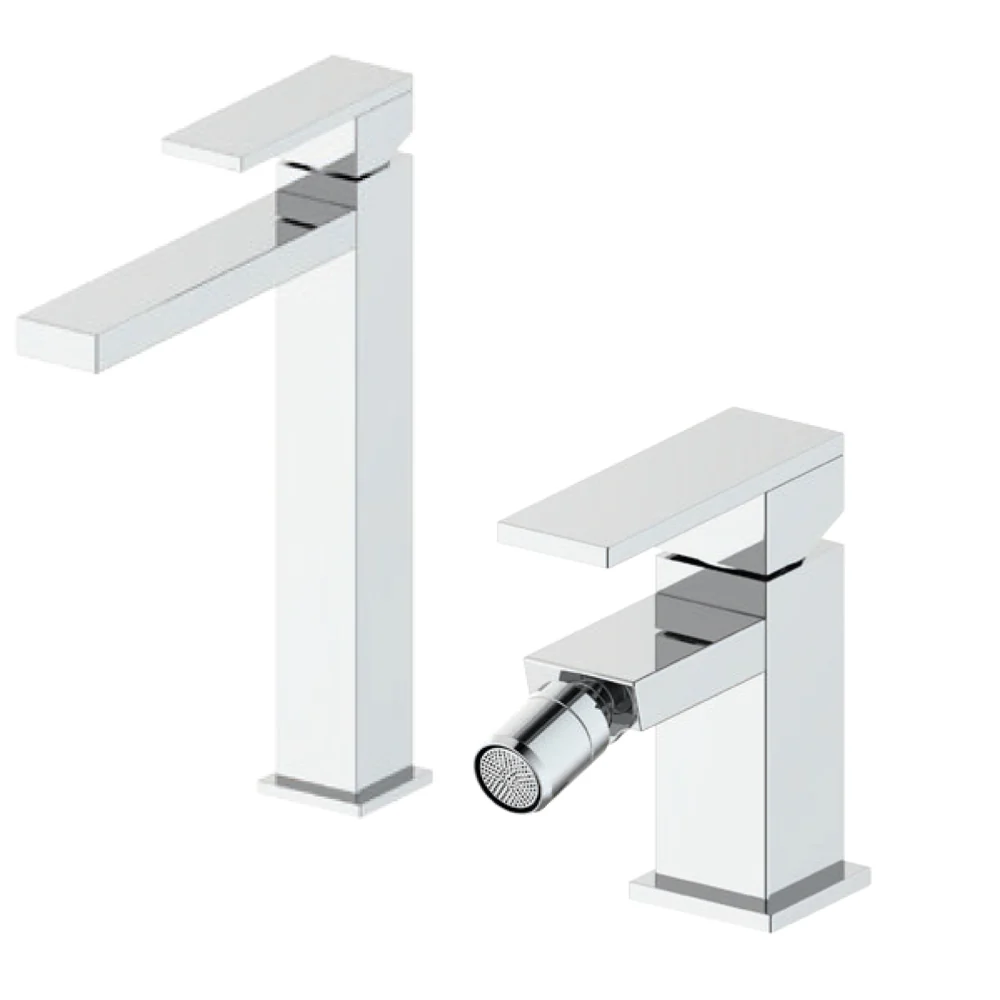 Composition RubiFlux Carré avec mitigeur lavabo haut + bidet laiton chromé avec bondes de vidage