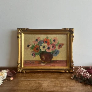 Applique design Peinture bouquet de fleurs sur fond jaune cadre en bois doré