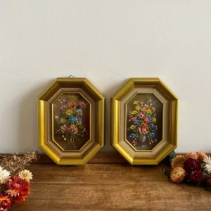 Applique design Peintures bouquet de fleurs signées cadres octogonaux en bois doré Dans