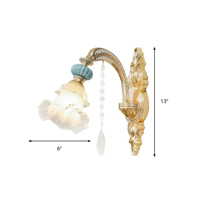 Blumen-Wandleuchte, nordisches weißes Glas, 1/2 Lichter, goldene Wandleuchte für Schlafzimmer mit Kristalltropfen avec 16...