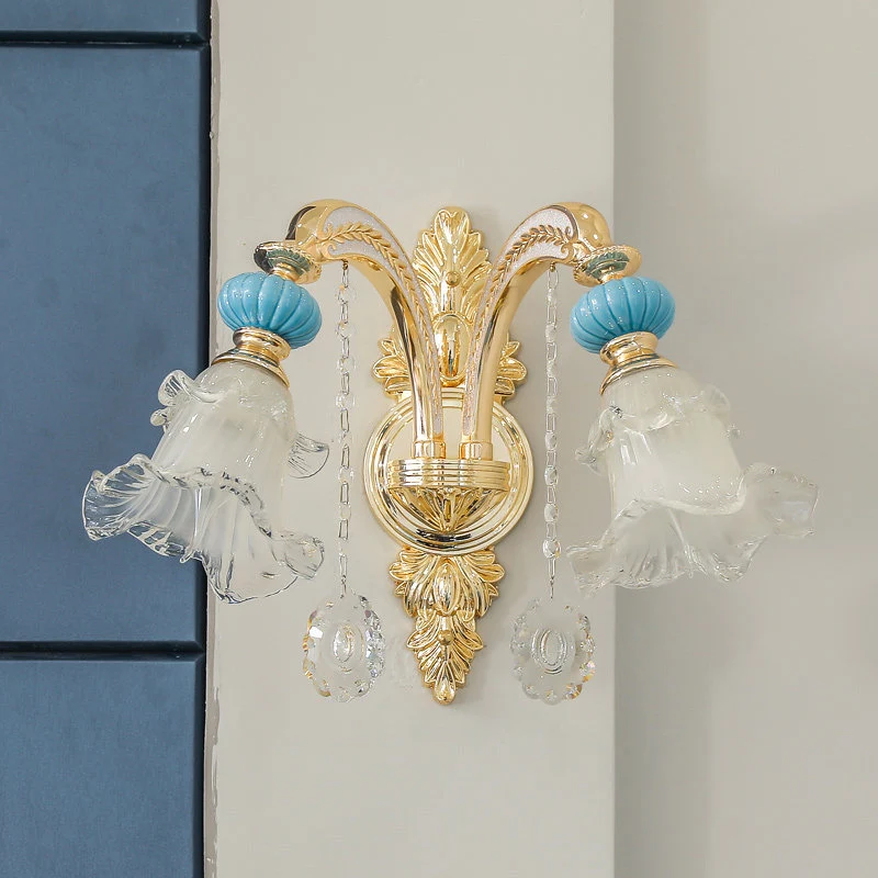 Blumen-Wandleuchte, nordisches weißes Glas, 1/2 Lichter, goldene Wandleuchte für Schlafzimmer mit Kristalltropfen avec 16...