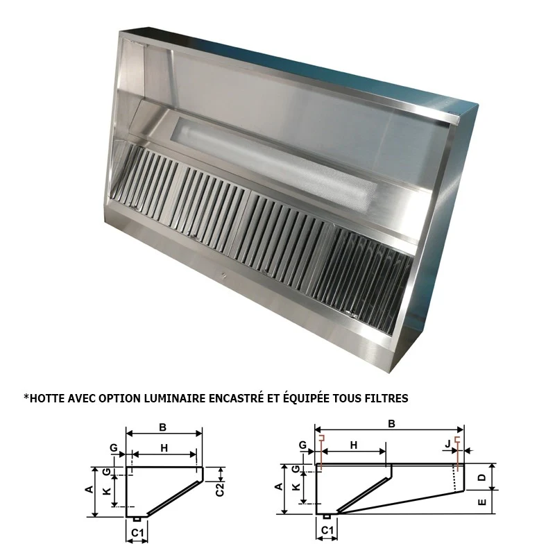 Furnotel - Hotte statique - Sans avancée - Longueur 1000 mm - Hauteur 400 mm - C3910 Éclairage chaud 2700K