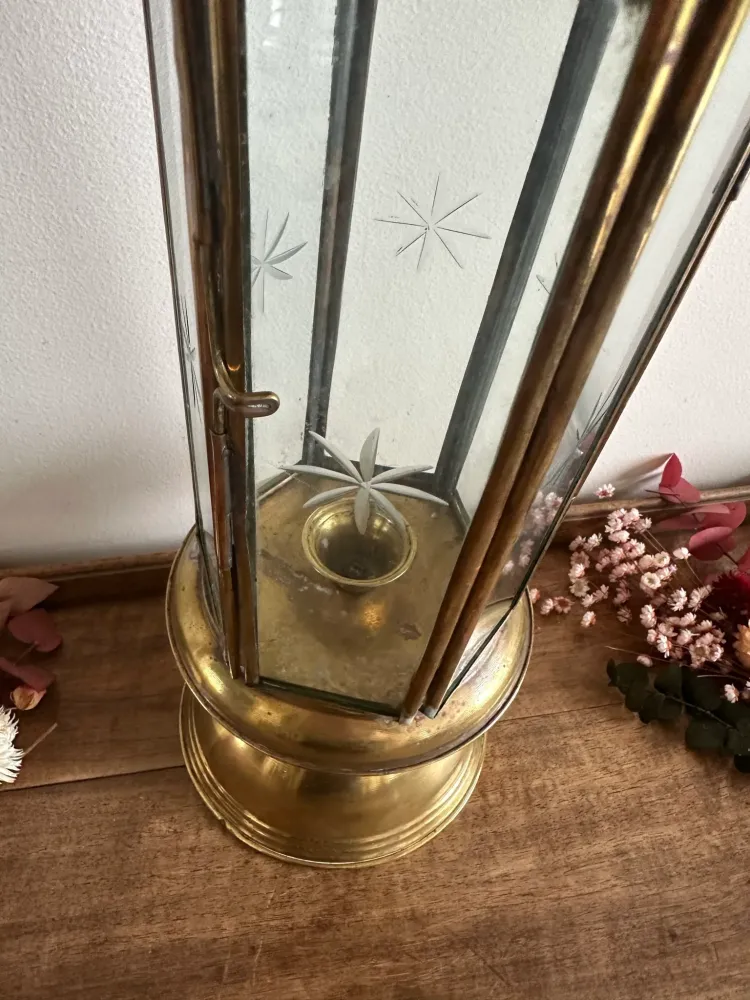 Kit d'Éclairage Ambiance Lanterne à bougie en laiton vitre gravée XIX ème