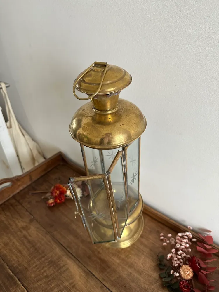 Kit d'Éclairage Ambiance Lanterne à bougie en laiton vitre gravée XIX ème