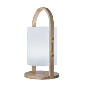 Luminaire en forme Lanterne sans fil design scandinave poignée bois naturel LED blanc chaud/blanc dimmable WOODY H37cm